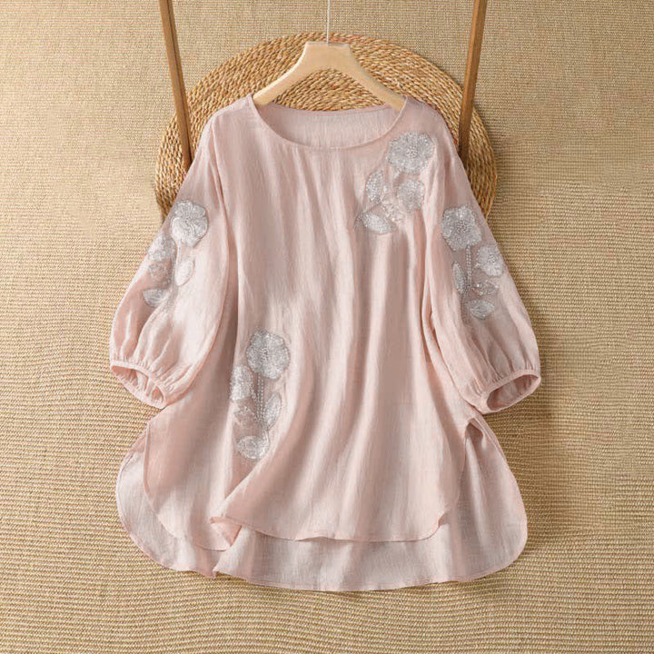 Buddha Stones Camiseta de manga larga para mujer, estilo casual de verano, elegante, con bordado floral blanco y cuello redondo. - Rosa Misty - US14, UK/AU18, EU46 (2XL) - image 0