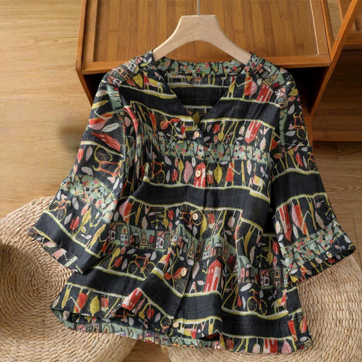 Camisa de mujer de poliéster con cuello en V, diseño de botones y estampado de Buddha Stones. - Negro - US14，UK/AU18，EU46 (2XL) - image 9