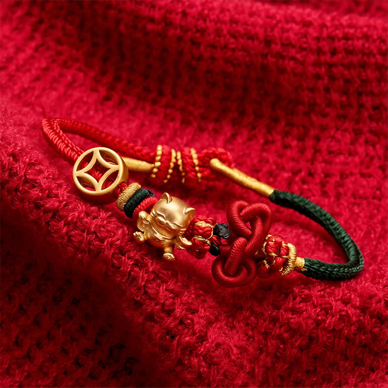 Buddha Stones Pulsera trenzada de protección con hilo rojo y diseño de gato dorado de la suerte - image 12