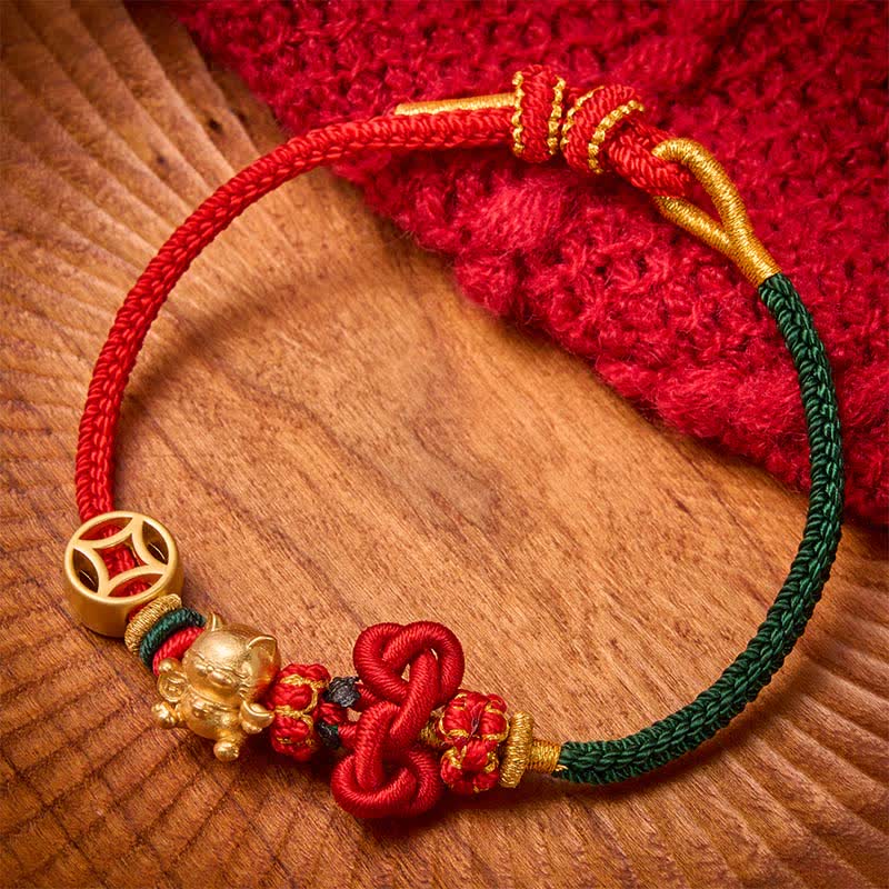 Buddha Stones Pulsera trenzada de protección con hilo rojo y diseño de gato dorado de la suerte - Rojo Verde - image 10