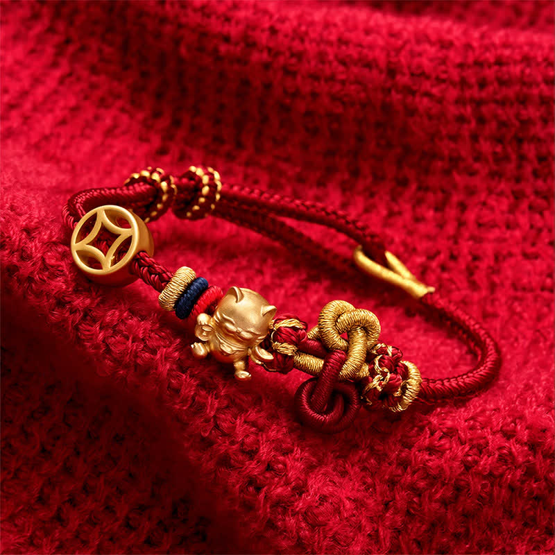 Buddha Stones Pulsera trenzada de protección con hilo rojo y diseño de gato dorado de la suerte - image 2