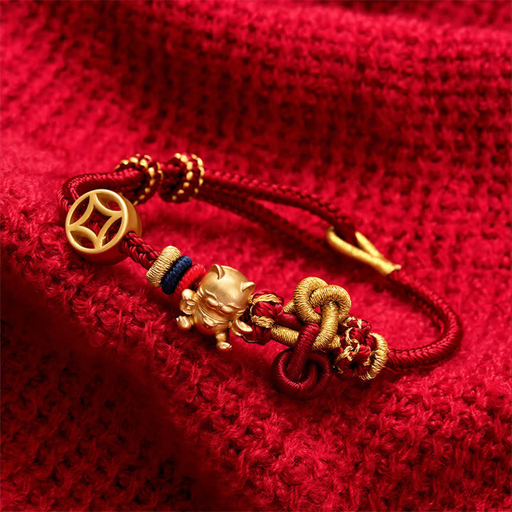 Buddha Stones Pulsera trenzada de protección con hilo rojo y diseño de gato dorado de la suerte - image 2