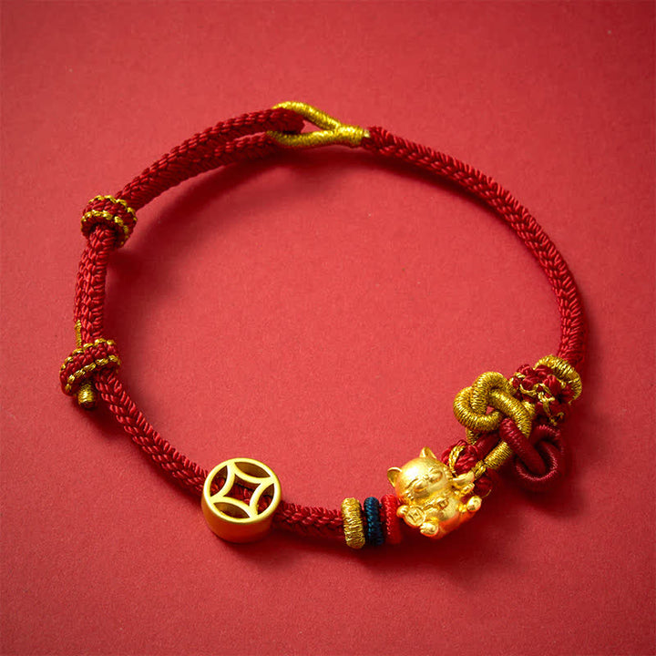 Buddha Stones Pulsera trenzada de protección con hilo rojo y diseño de gato dorado de la suerte - image 1