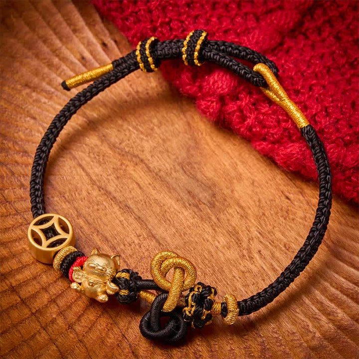 Buddha Stones Pulsera trenzada de protección con hilo rojo y diseño de gato dorado de la suerte - Negro - image 14