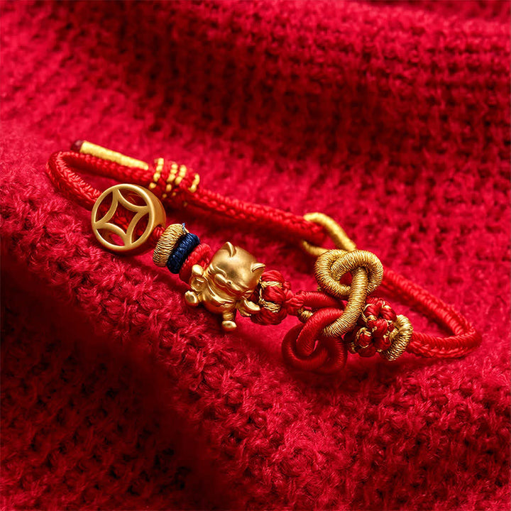 Buddha Stones Pulsera trenzada de protección con hilo rojo y diseño de gato dorado de la suerte - image 9