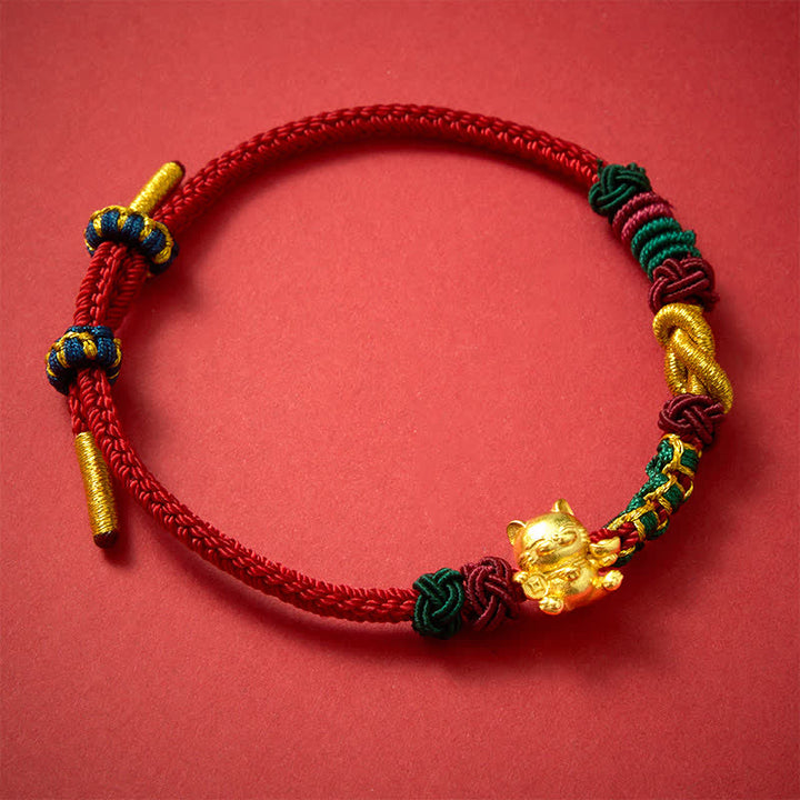 Buddha Stones Pulsera de protección con hilo rojo tejido a mano con el símbolo del gato de la suerte. - image 8