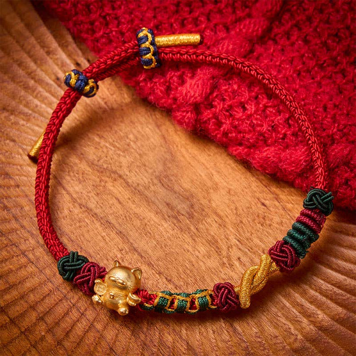Buddha Stones Pulsera de protección con hilo rojo tejido a mano con el símbolo del gato de la suerte. - Cuerda roja - image 4