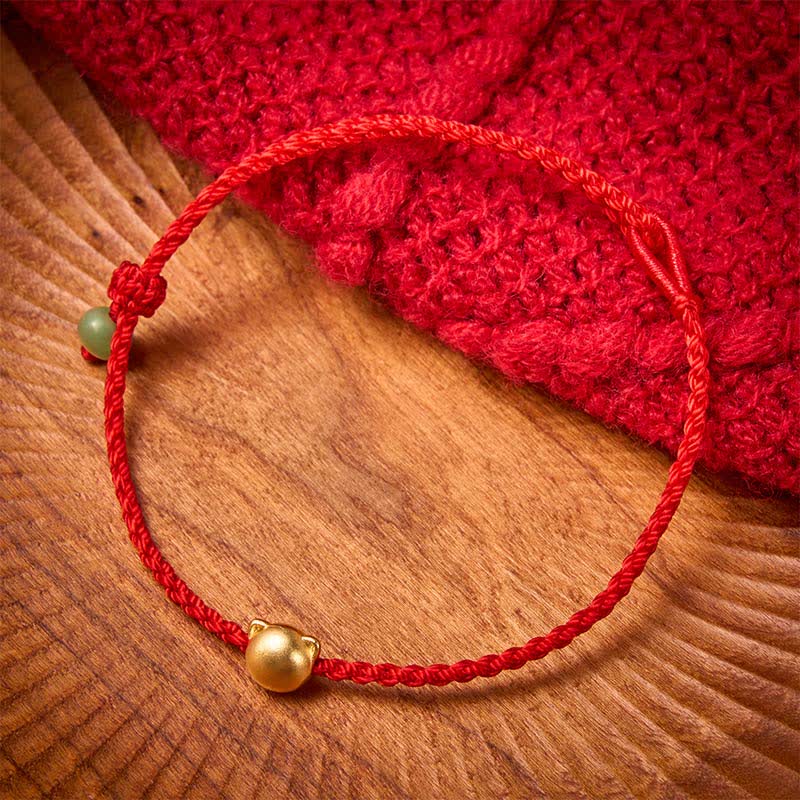Buddha Stones Pulsera de conexión de hilo rojo de jade con cabeza de gato de cobre - image 1
