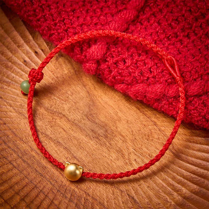 Buddha Stones Pulsera de conexión de hilo rojo de jade con cabeza de gato de cobre - image 1