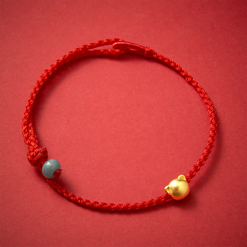 Buddha Stones Pulsera de conexión de hilo rojo de jade con cabeza de gato de cobre - Hilo rojo (Protección ♥ Suerte) - image 0