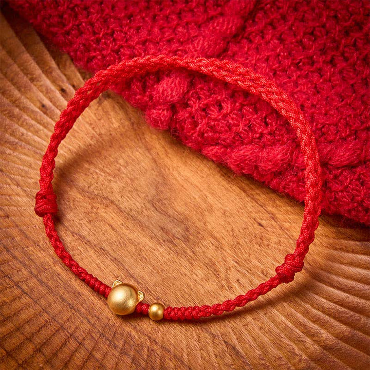 Buddha Stones Pulsera protectora con cabeza de gato de cobre y cordón rojo - Hilo rojo (Protección ♥ Suerte) - image 0