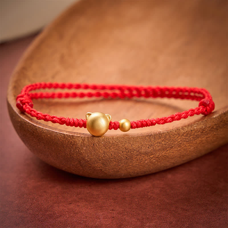 Buddha Stones Pulsera protectora con cabeza de gato de cobre y cordón rojo - image 2
