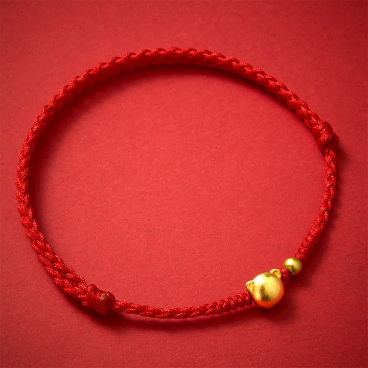 Buddha Stones Pulsera protectora con cabeza de gato de cobre y cordón rojo - image 1