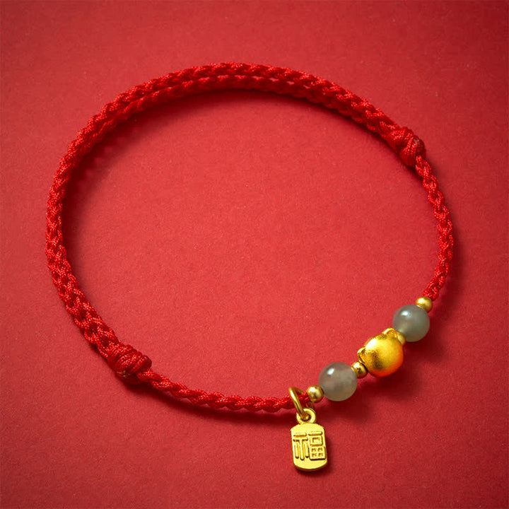 Buddha Stones Pulsera de hilo rojo con personaje de gato de cobre de jade Hetian Fu - image 1
