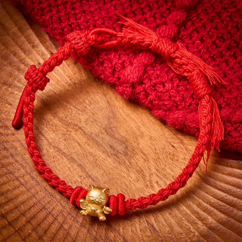 Buddha Stones Pulsera de la riqueza con amuleto de gato de la suerte de cobre y cordón rojo - Rojo - image 4