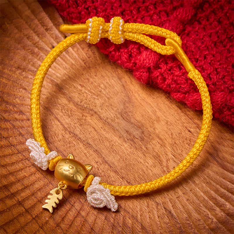 Buddha Stones Pulsera de la riqueza con forma de pez gato de cobre y cuerda amarilla - image 2