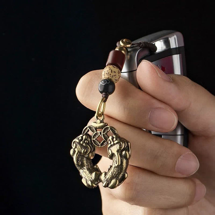 Buddha Stones Llaveros de latón antiguos con la moneda china Double Pi Xiu, símbolo de riqueza. - image 3