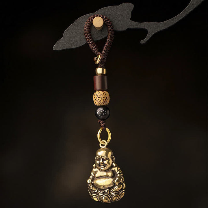 Buddha Stones Llaveros trenzados de latón con diseño de Buda sonriente para atraer la buena suerte y conectar con la tierra. - Buda sonriente con cuerda (Tamaño del colgante: 33*22*0,8 mm) - image 0
