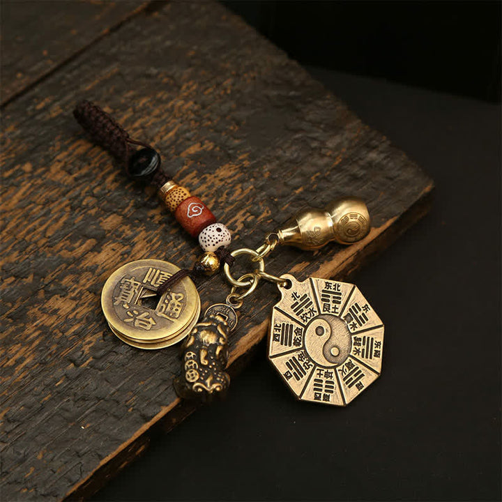 Buddha Stones Llaveros de protección Yin Yang con colgante de latón antiguo Bagua Pi Xiu de cinco monedas de emperador - Bagua con calabaza, cinco monedas de emperador y Pi Xiu - image 4