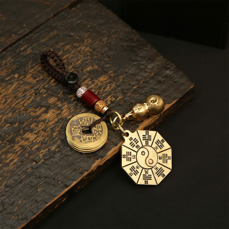 Buddha Stones Llaveros de protección Yin Yang con colgante de latón antiguo Bagua Pi Xiu de cinco monedas de emperador - Placa Bagua con calabaza y cinco monedas de emperador - image 3