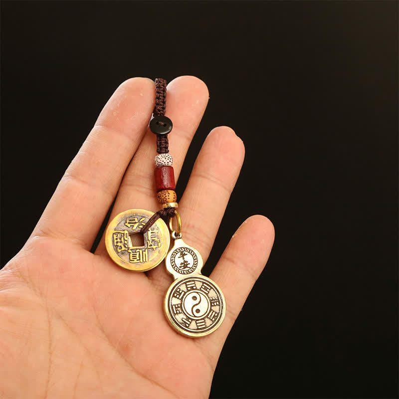 Buddha Stones Llavero amuleto de protección con colgante de calabaza Bagua Pi Xiu de latón con cinco monedas de emperador - image 13