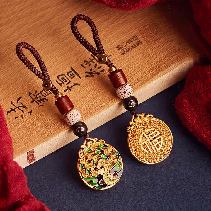 Buddha Stones Llaveros vintage con dije de cobre del personaje Peacock Fu - image 0
