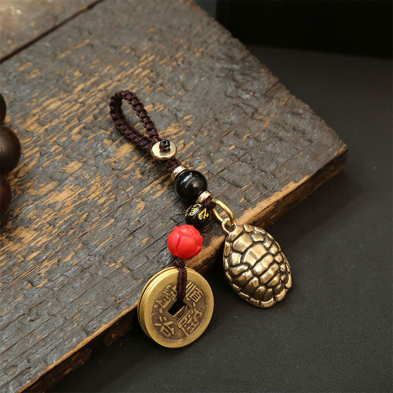 Buddha Stones Llaveros de protección con forma de tortuga de latón, Pi Xiu y monedas de los cinco emperadores. - Monedas del Emperador de la Tortuga - image 16
