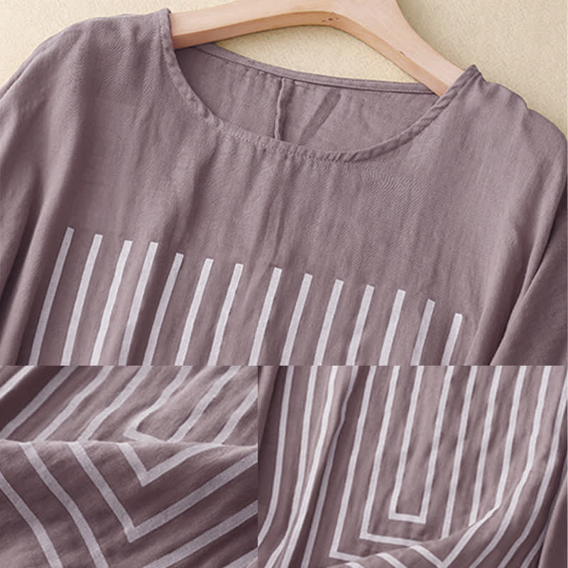Buddha Stones Camiseta de lino y algodón de manga corta con estampado de líneas informales para mujer - image 18