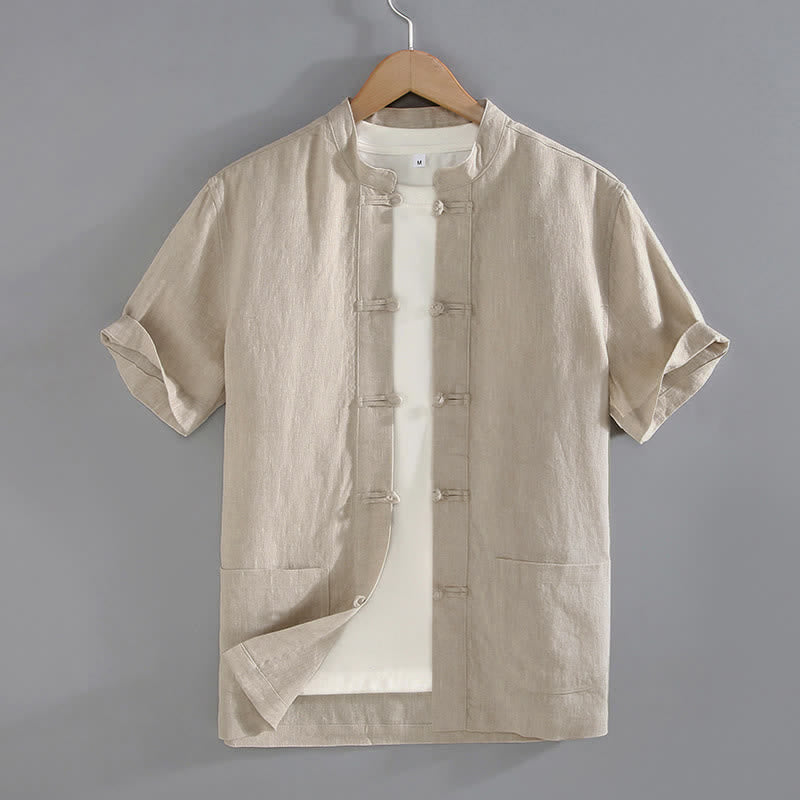 Camisa de hombre estilo Tang vintage lisa con estampado de Buddha Stones y botones de rana, con bolsillos. - Beige - US/UK/AU46, EU56 (5XL) - image 0