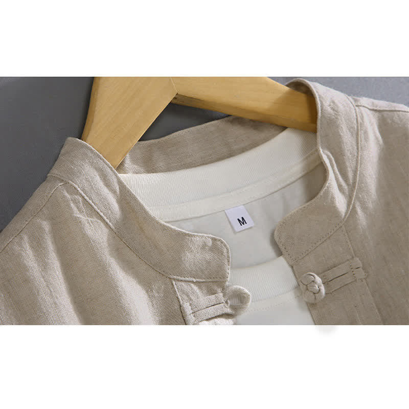 Camisa de hombre estilo Tang vintage lisa con estampado de Buddha Stones y botones de rana, con bolsillos. - image 2