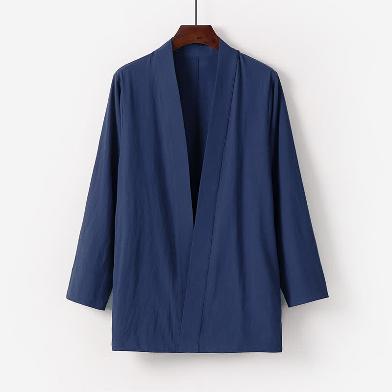 Buddha Stones Kimono de verano minimalista de algodón y lino liso para hombre con bolsillo. - Azul medianoche - US/UK/AU50, EU60 (7XL) - image 0