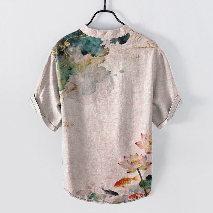 Buddha Stones Camisa de manga corta con medio botón para hombre, de algodón, con estampado de peces koi y loto. - image 6