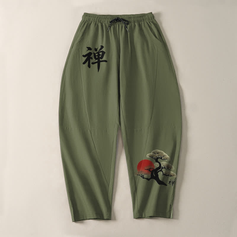 Buddha Stones Pantalones de hombre de algodón puro con estampado Zen Bonsai Sunset, cordón ajustable y corte cónico, con bolsillos. - image 9