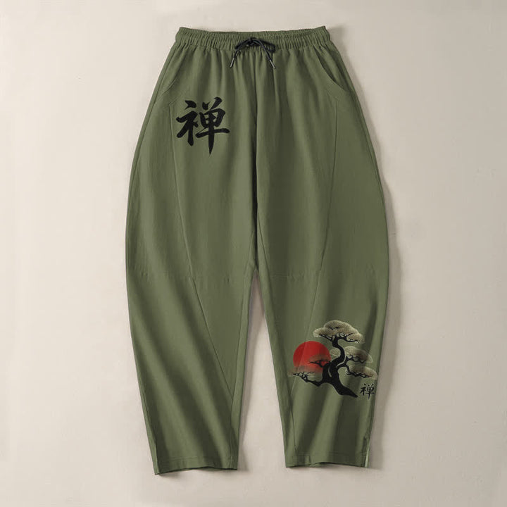 Buddha Stones Pantalones de hombre de algodón puro con estampado Zen Bonsai Sunset, cordón ajustable y corte cónico, con bolsillos. - image 9