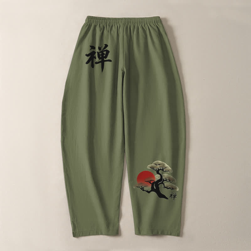 Buddha Stones Pantalones de hombre de algodón puro con estampado Zen Bonsai Sunset, cordón ajustable y corte cónico, con bolsillos. - image 10