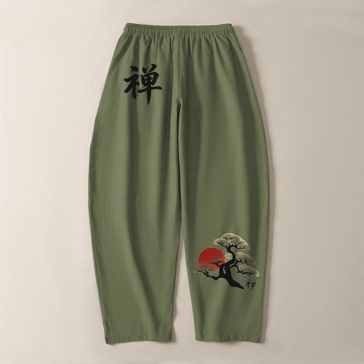 Buddha Stones Pantalones de hombre de algodón puro con estampado Zen Bonsai Sunset, cordón ajustable y corte cónico, con bolsillos. - image 10
