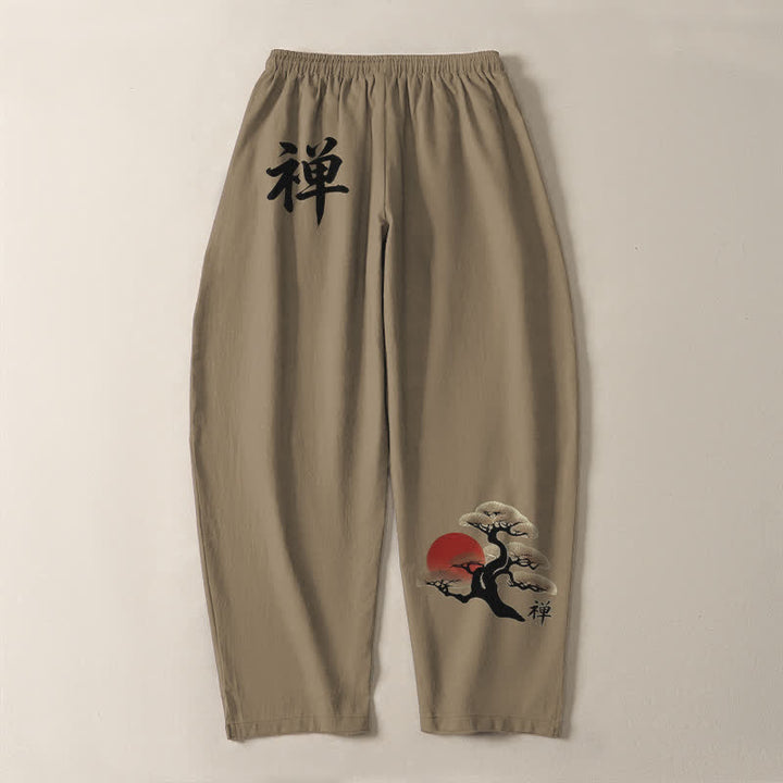 Buddha Stones Pantalones de hombre de algodón puro con estampado Zen Bonsai Sunset, cordón ajustable y corte cónico, con bolsillos. - image 14