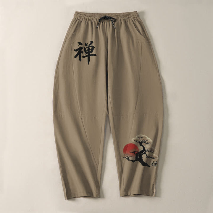 Buddha Stones Pantalones de hombre de algodón puro con estampado Zen Bonsai Sunset, cordón ajustable y corte cónico, con bolsillos. - image 13