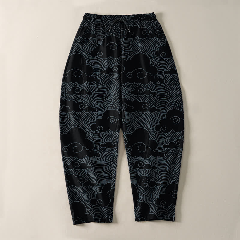 Buddha Stones Pantalones de hombre de algodón puro con estampado de nubes y olas japonesas, con cordón ajustable y corte cónico, bolsillos. - image 2