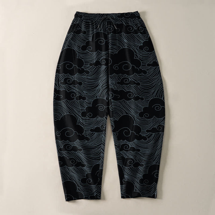 Buddha Stones Pantalones de hombre de algodón puro con estampado de nubes y olas japonesas, con cordón ajustable y corte cónico, bolsillos. - image 2