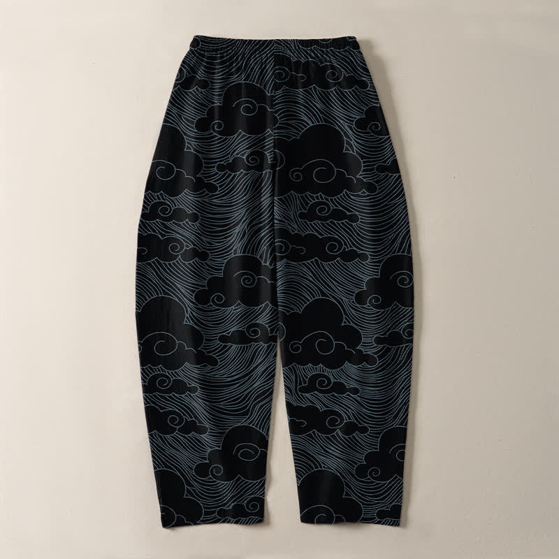 Buddha Stones Pantalones de hombre de algodón puro con estampado de nubes y olas japonesas, con cordón ajustable y corte cónico, bolsillos. - image 3