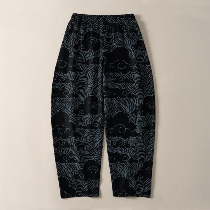 Buddha Stones Pantalones de hombre de algodón puro con estampado de nubes y olas japonesas, con cordón ajustable y corte cónico, bolsillos. - image 3