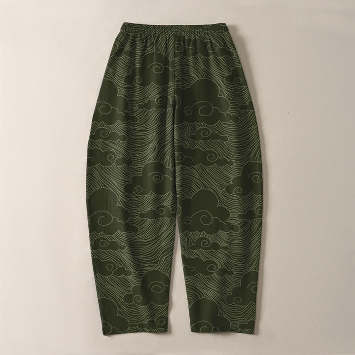 Buddha Stones Pantalones de hombre de algodón puro con estampado de nubes y olas japonesas, con cordón ajustable y corte cónico, bolsillos. - image 10
