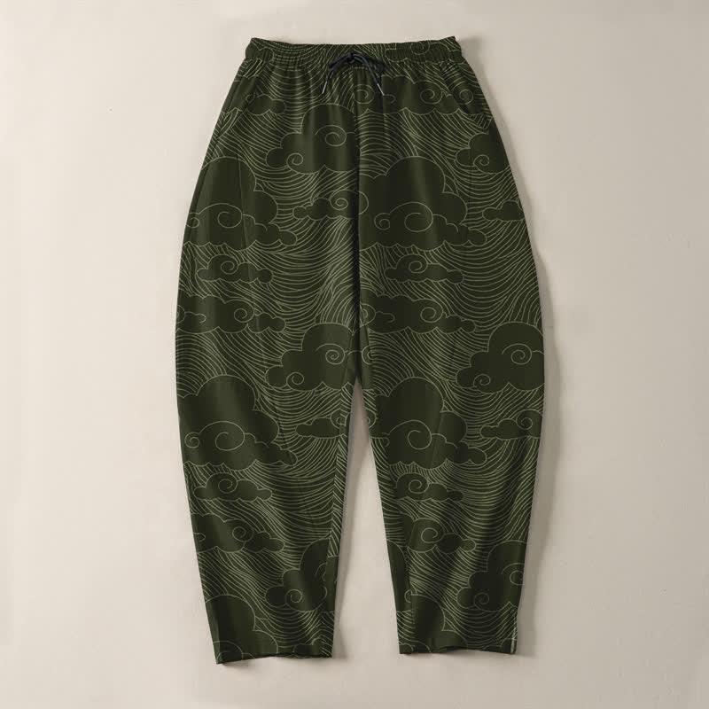 Buddha Stones Pantalones de hombre de algodón puro con estampado de nubes y olas japonesas, con cordón ajustable y corte cónico, bolsillos. - image 9