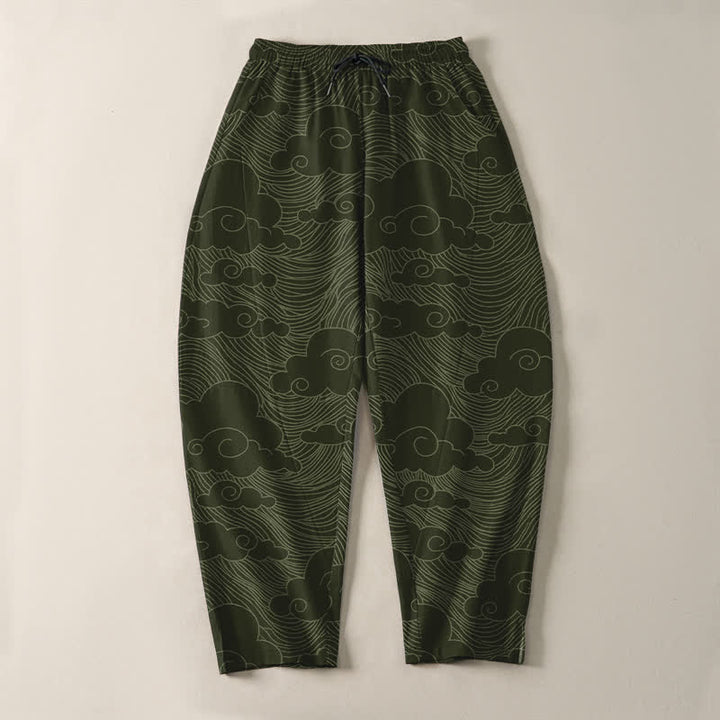 Buddha Stones Pantalones de hombre de algodón puro con estampado de nubes y olas japonesas, con cordón ajustable y corte cónico, bolsillos. - image 9