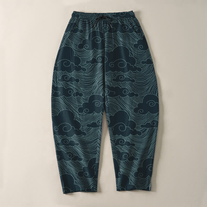 Buddha Stones Pantalones de hombre de algodón puro con estampado de nubes y olas japonesas, con cordón ajustable y corte cónico, bolsillos. - image 13
