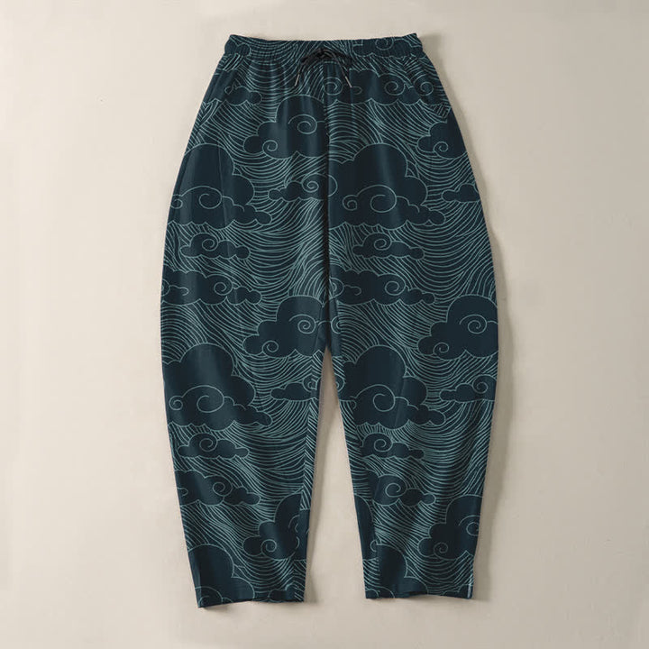 Buddha Stones Pantalones de hombre de algodón puro con estampado de nubes y olas japonesas, con cordón ajustable y corte cónico, bolsillos. - image 13