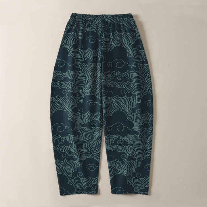 Buddha Stones Pantalones de hombre de algodón puro con estampado de nubes y olas japonesas, con cordón ajustable y corte cónico, bolsillos. - image 14
