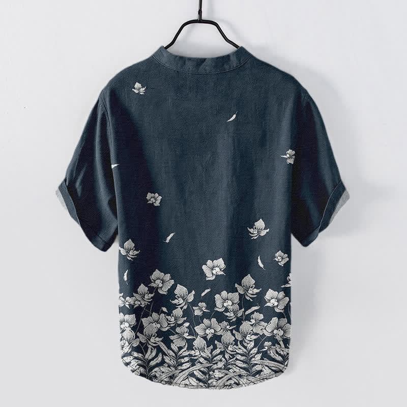 Buddha Stones Camisa de manga corta para hombre con estampado floral blanco en el bajo y medio botón. - Marina de guerra - US/UK/AU50, EU60 (5XL) - image 1