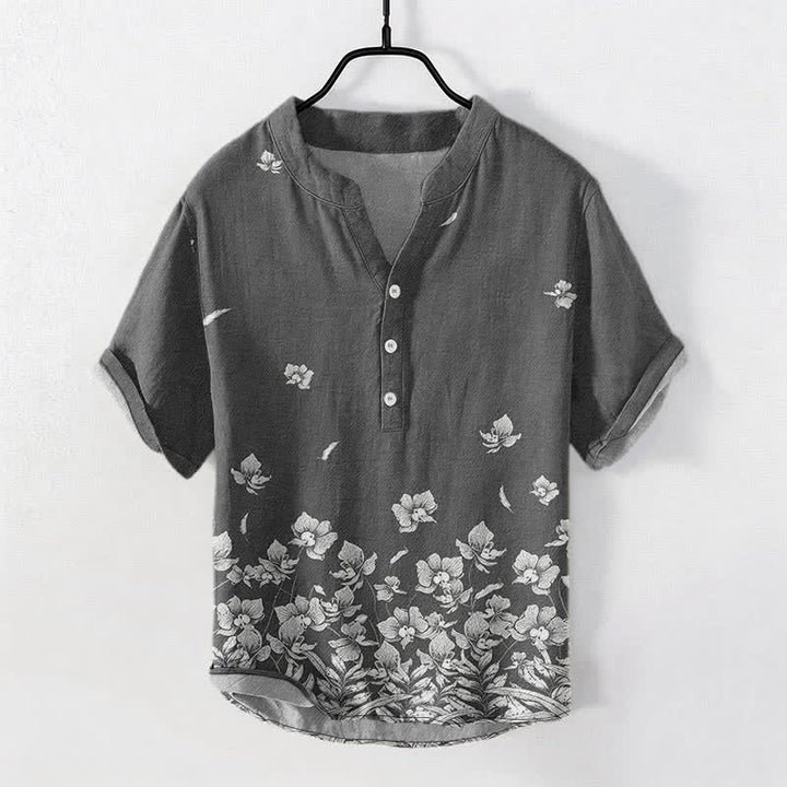 Buddha Stones Camisa de manga corta para hombre con estampado floral blanco en el bajo y medio botón. - Gris oscuro - US/UK/AU50, EU60 (5XL) - image 5